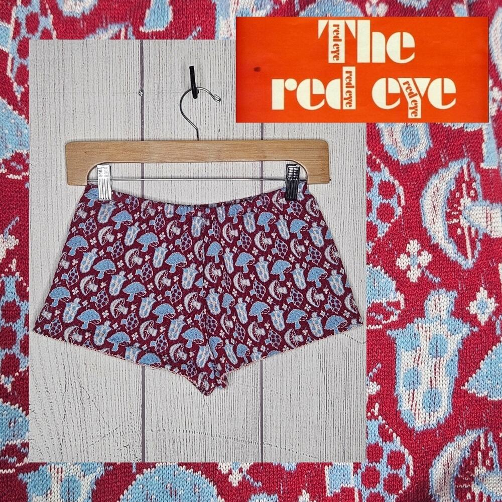 VTG 1960s THE RED EYE Mushroom Print Elastic Waist Shorty Shorts, sz 7